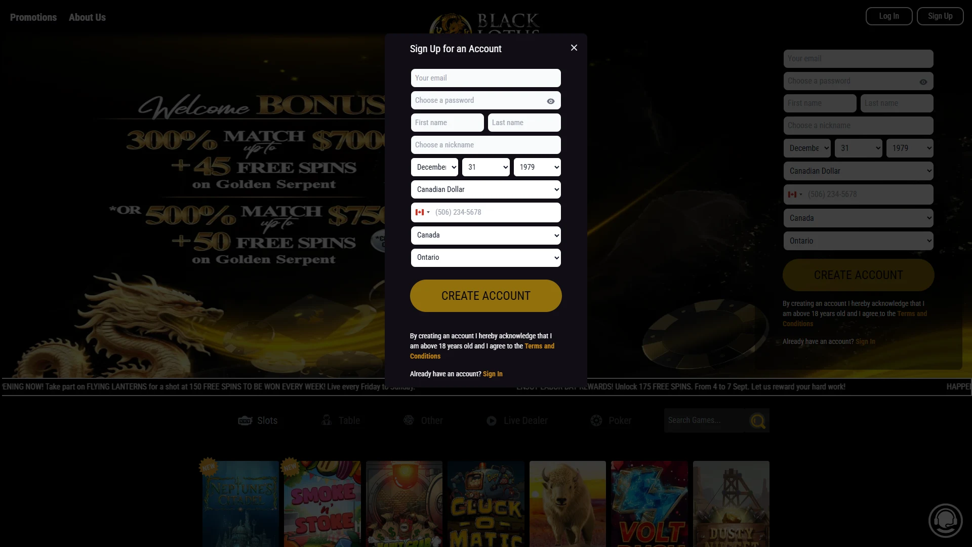 Black Lotus registration form